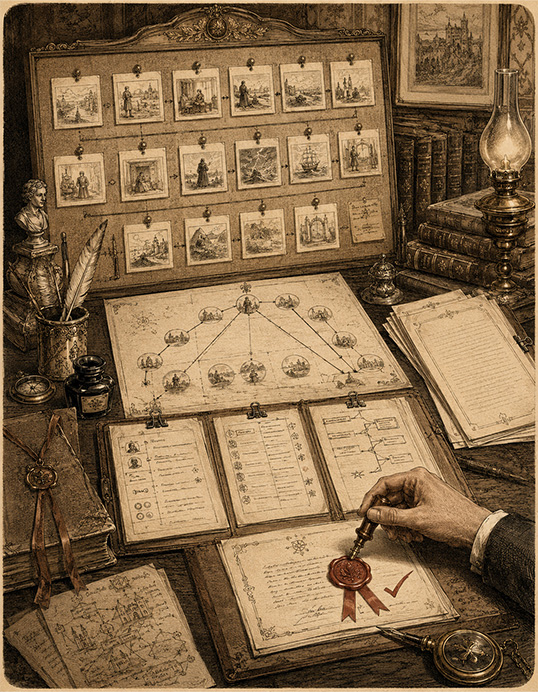 A vintage engraving of a reading room with a scene structure board, beat sheet diagram and a hand sealing an approved treatment